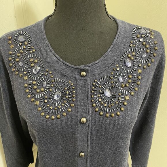 Christopher & Banks Button Up Knit Cardigan 3/4‎ Sleeve Beads Embellished Large - Picture 2 of 9